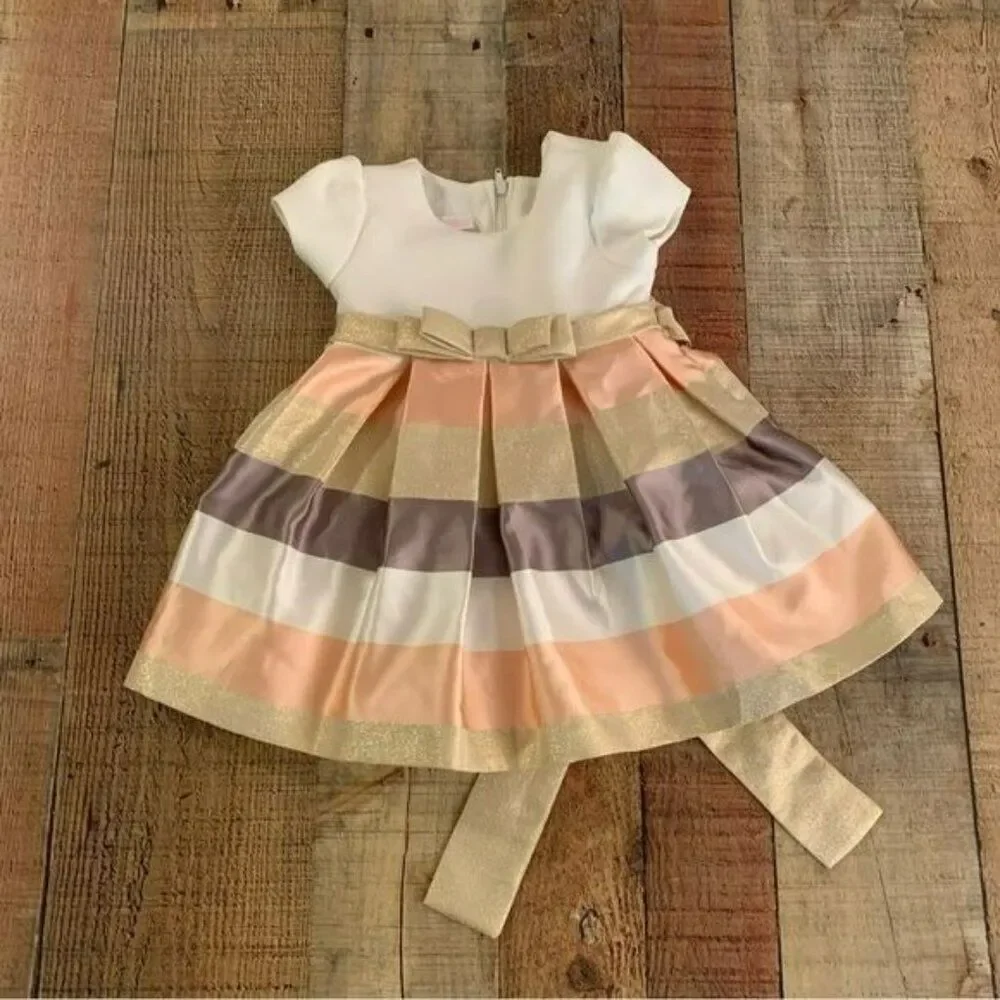 Bonnie baby girls white pink gray and gold dress -12M